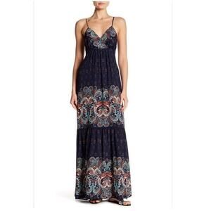 $195 Laundry by Design Midnight Blue Paisley Vneck Empire Maxi Dress 12P NEW